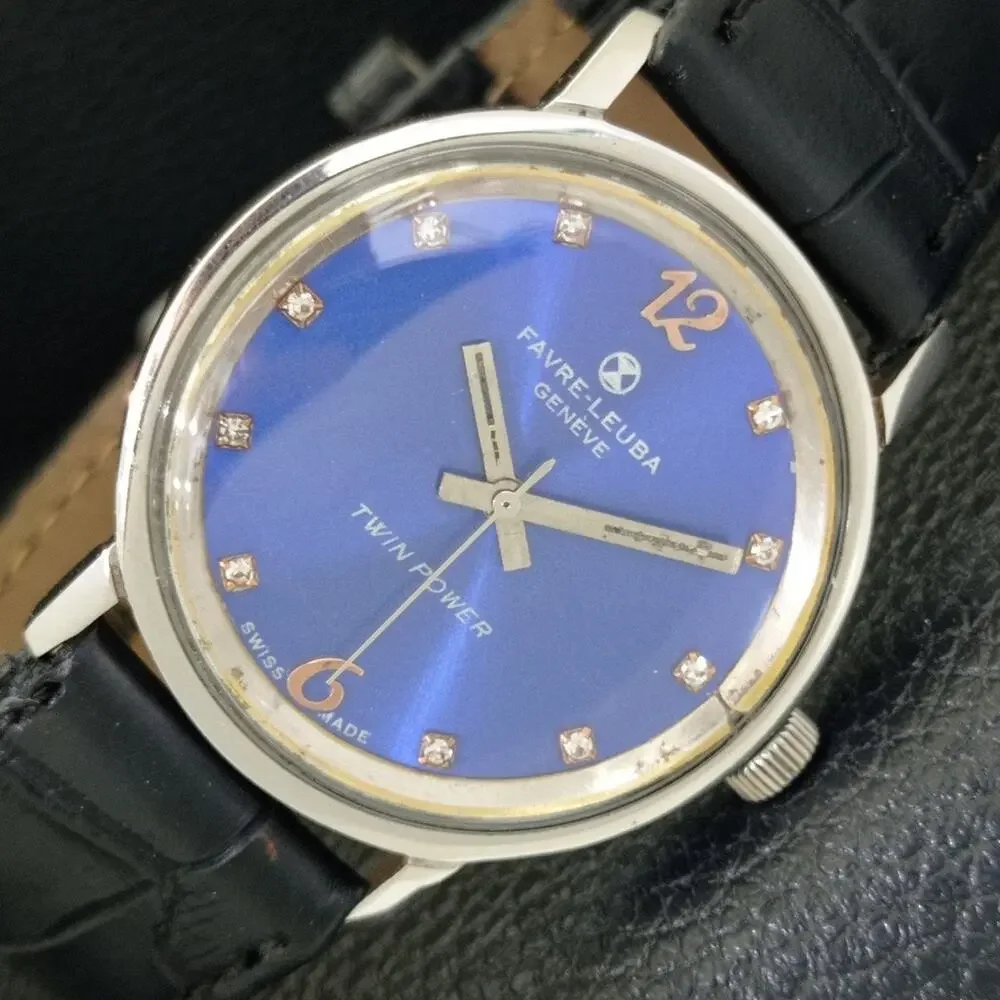 Vintage 1965 Favre Leuba Twin Power Manual Mens Silver Watch W/Leather Strap